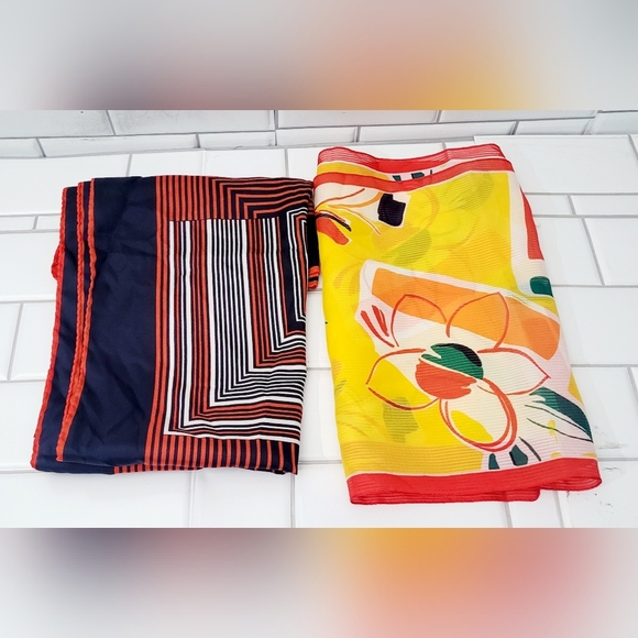 Lot Of 2 Ladies Vintage Lightweight Statement Scarves  Large Navy Square Geo Pri - Picture 1 of 5